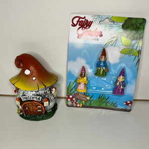 Garden Gnome Lady Gnomes Tiny Garden Fairies Mushroom Cottage House Set NWT